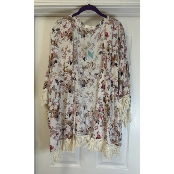 UMGEE Kimono Jacket Floral Fringe Open Front Light Weight Plus XL/1XL NWT - Picture 1 of 6